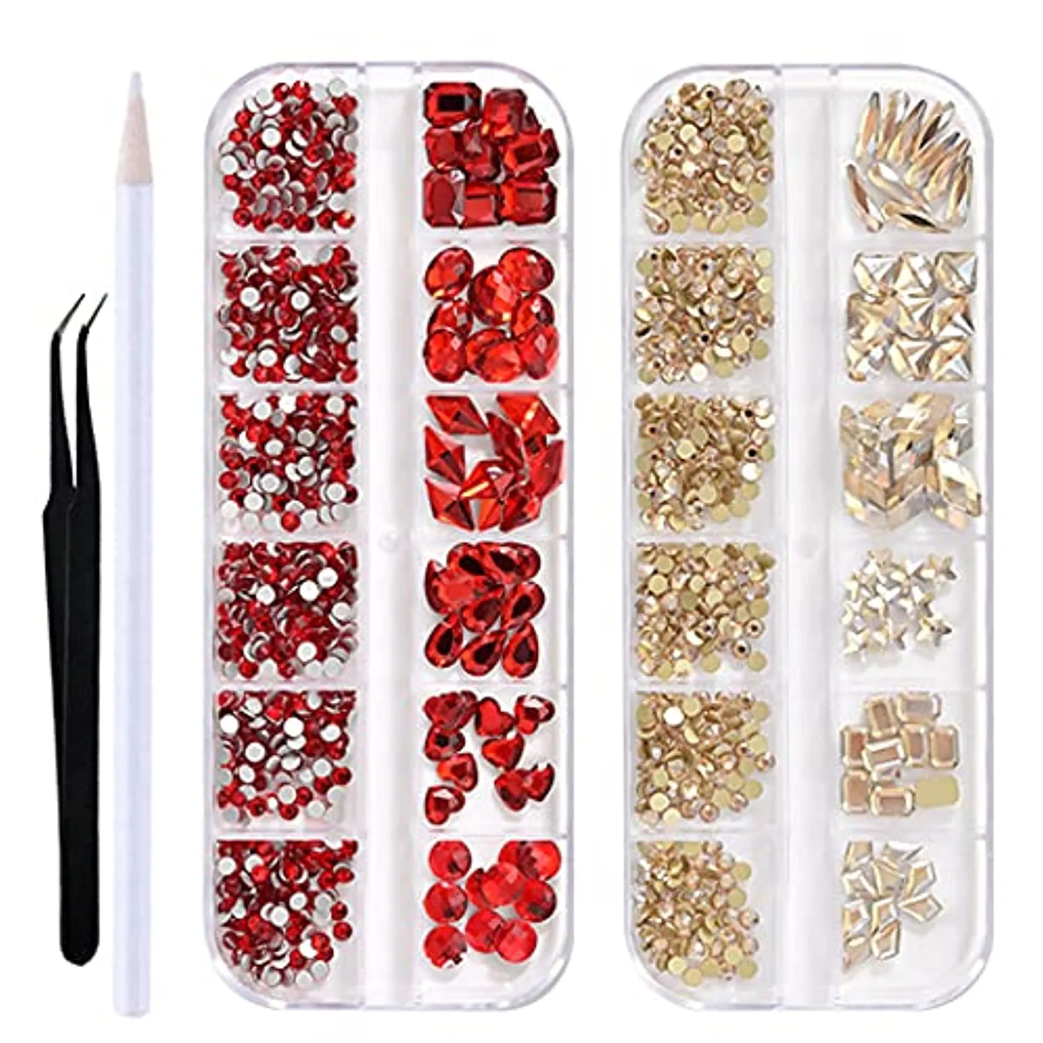 WOKOTO 2 Box Flat Back Champagne And Red Nail Rhinestones And Crystal Set For Acrylic Nails Fake Diamonds Rhinestones Set With Nail Tweezers And Pencils Kit For Girls Women
