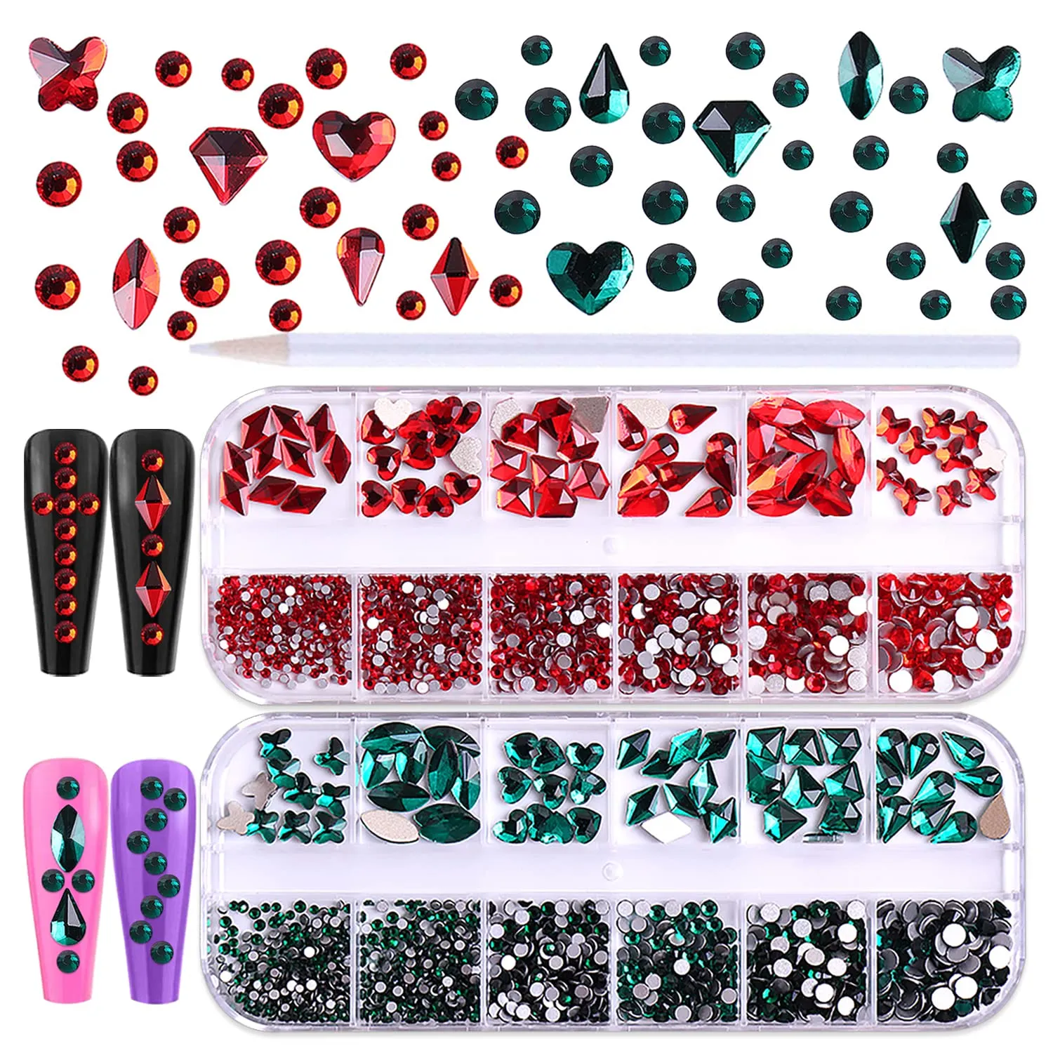 WOKOTO 2 Box Flat Back Champagne And Red Nail Rhinestones And Crystal Set For Acrylic Nails Fake Diamonds Rhinestones Set With Nail Tweezers And Pencils Kit For Girls Women
