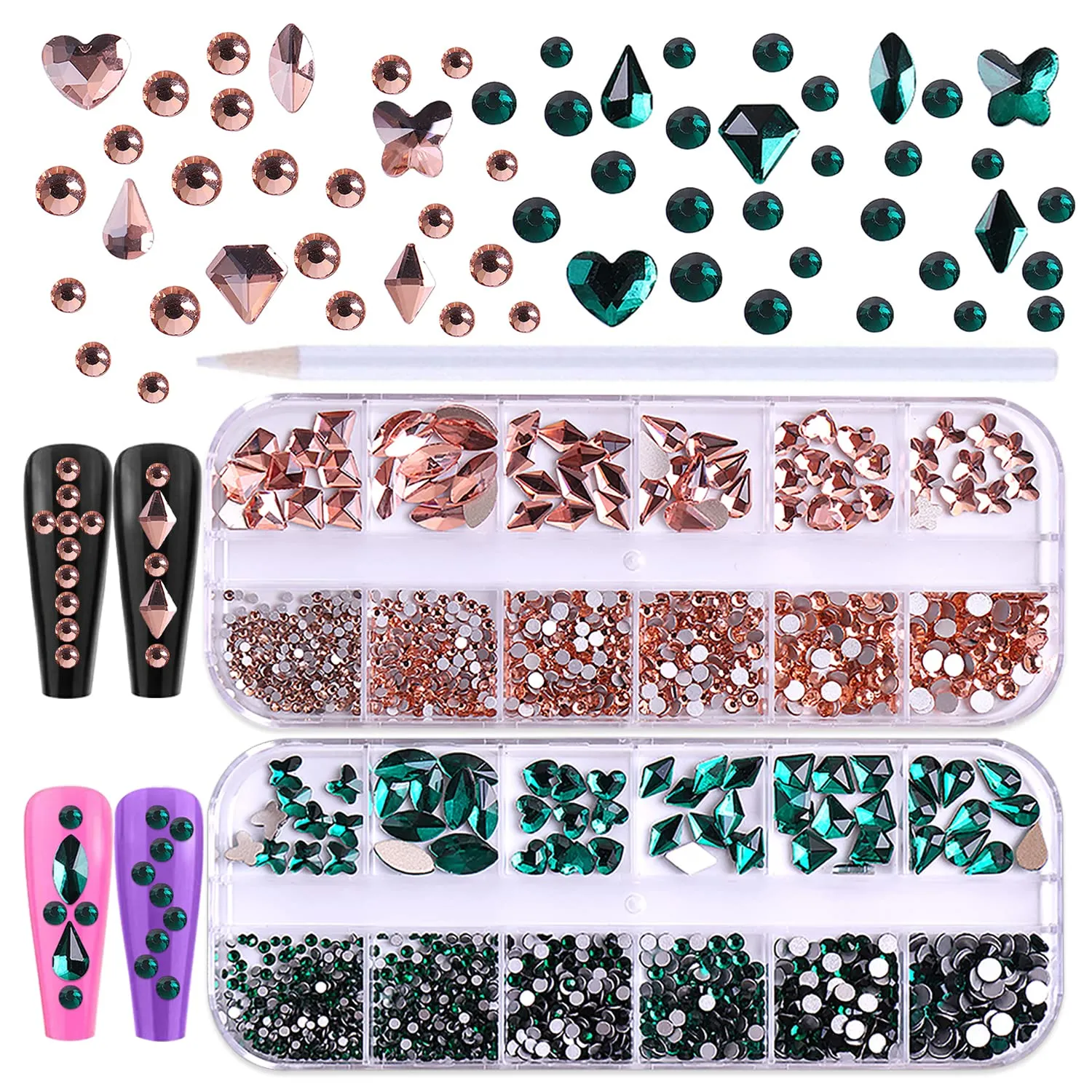 WOKOTO 2 Box Flat Back Champagne And Red Nail Rhinestones And Crystal Set For Acrylic Nails Fake Diamonds Rhinestones Set With Nail Tweezers And Pencils Kit For Girls Women