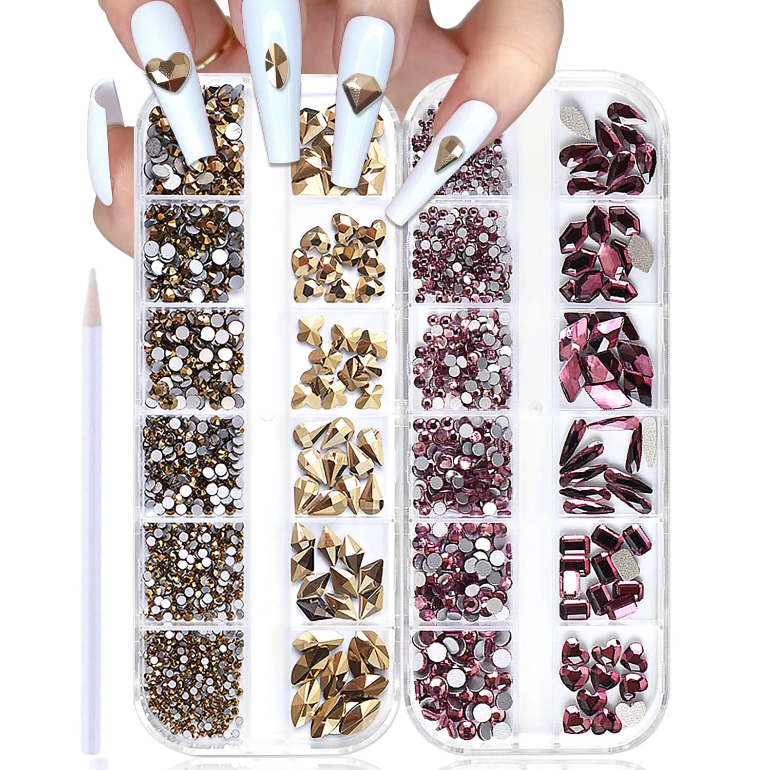 WOKOTO 2 Box Flat Back Champagne And Red Nail Rhinestones And Crystal Set For Acrylic Nails Fake Diamonds Rhinestones Set With Nail Tweezers And Pencils Kit For Girls Women
