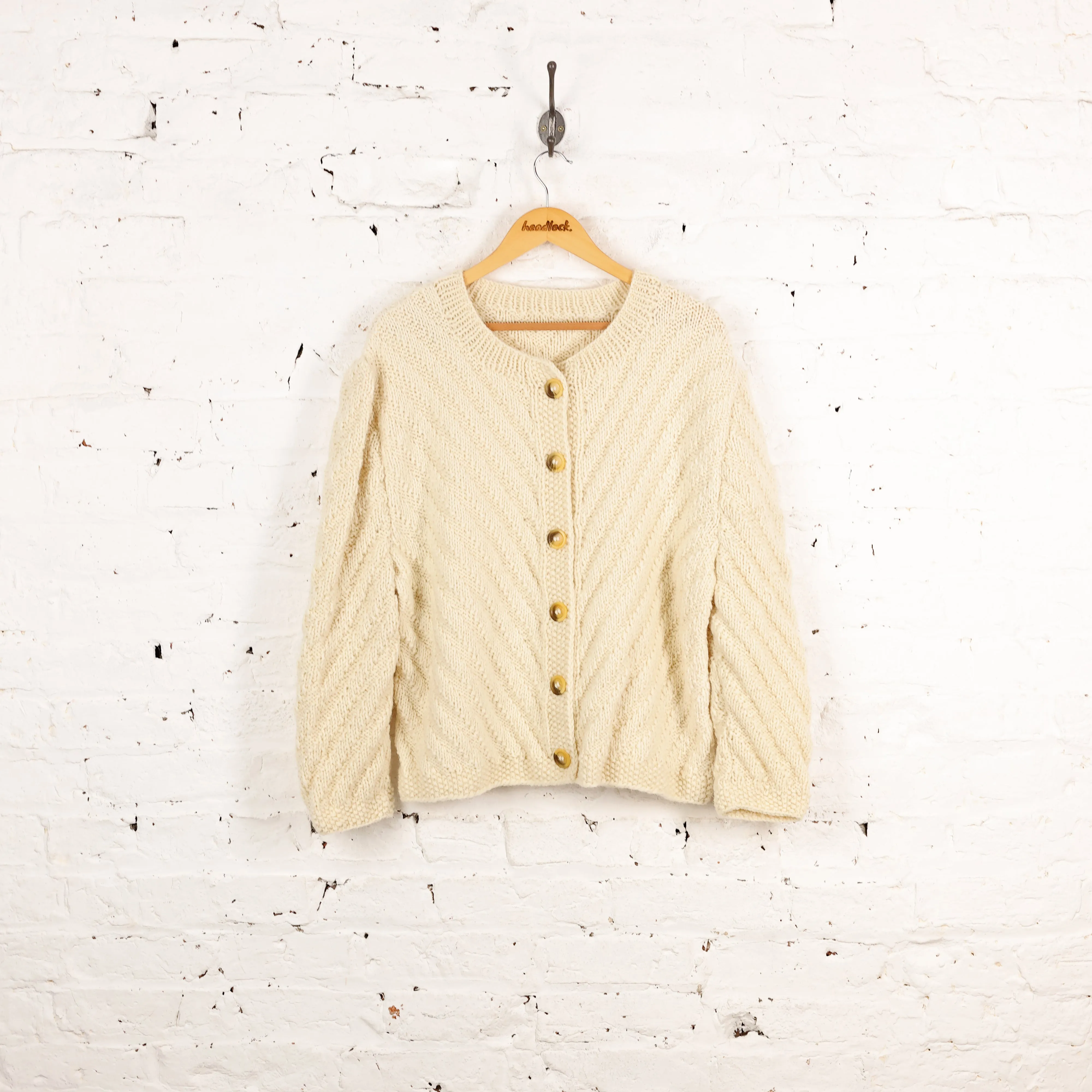 Women's Aran Cable Knit Wool Cardigan - Cream - Women's L
