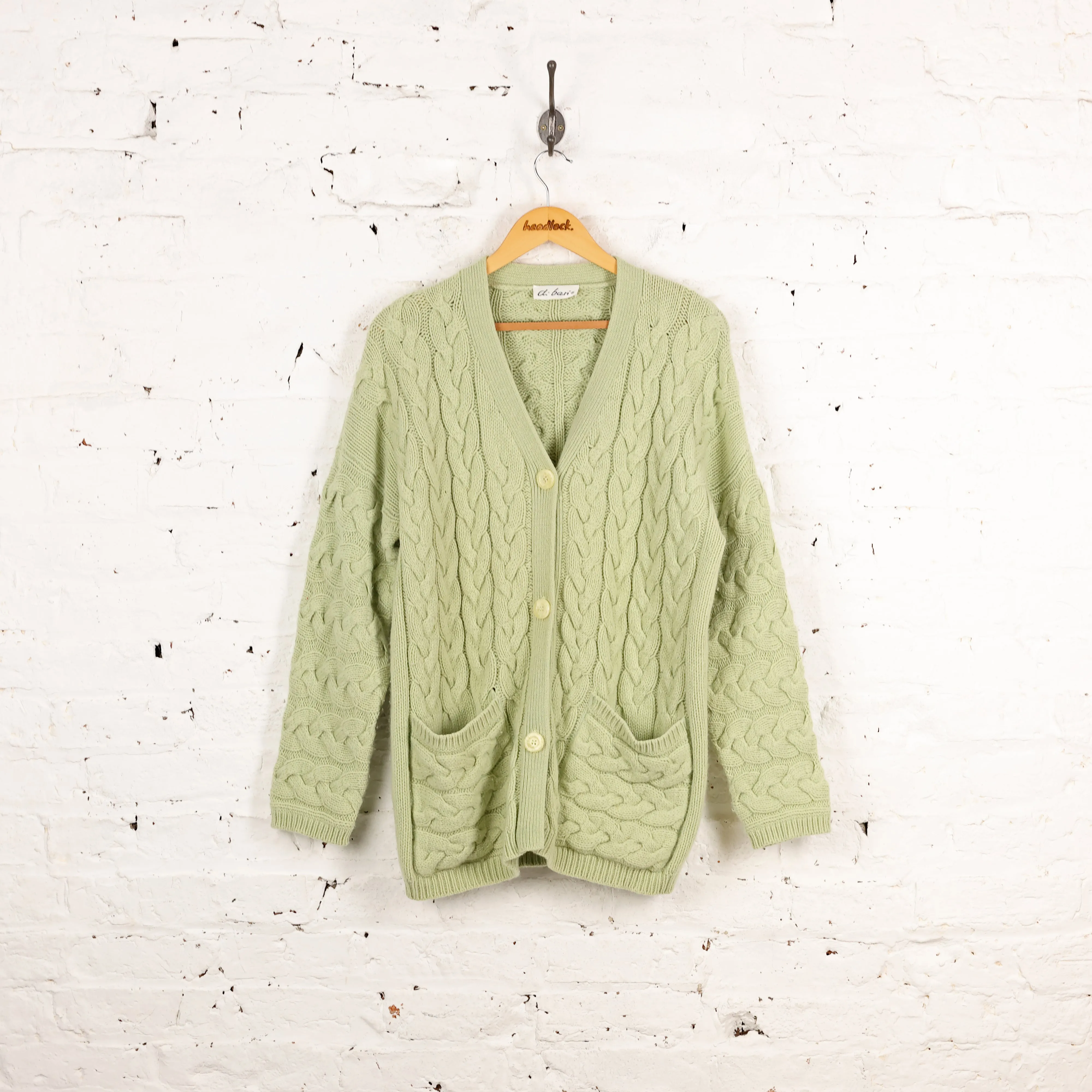 Women's Aran Cable Knit Wool Cardigan - Green - Women's L