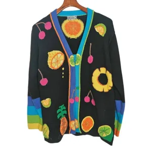 Women's Berek Vintage Black Fruit Sweater with Colorful Stripes