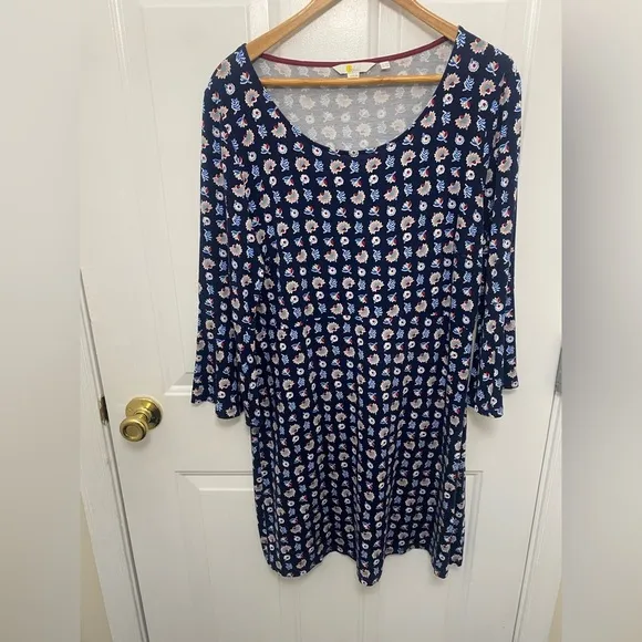 Women’s Boden Blue Floral Print Midi Fit And Flare Dress With Bell Sleeve 14R