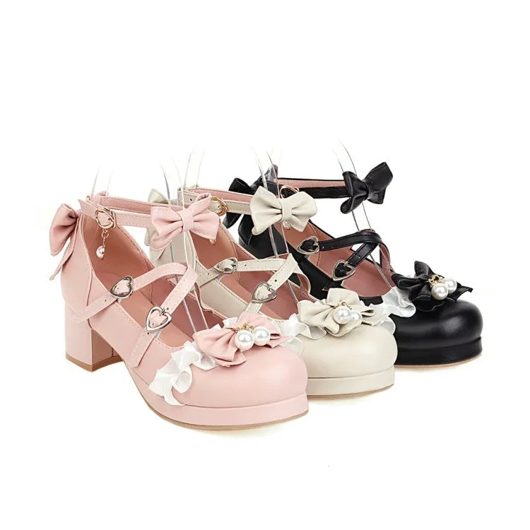 Women's Buckle Pearl Chunky Heel Pumps Mary Janes Shoes with Bowtie