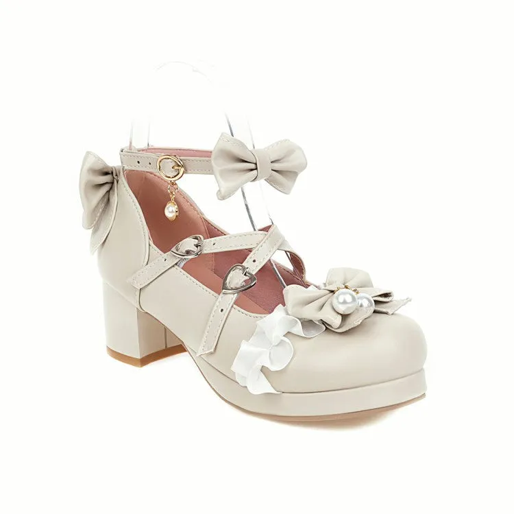 Women's Buckle Pearl Chunky Heel Pumps Mary Janes Shoes with Bowtie