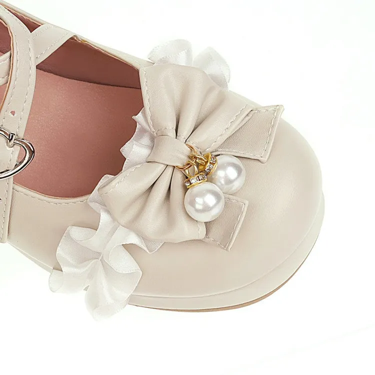 Women's Buckle Pearl Chunky Heel Pumps Mary Janes Shoes with Bowtie