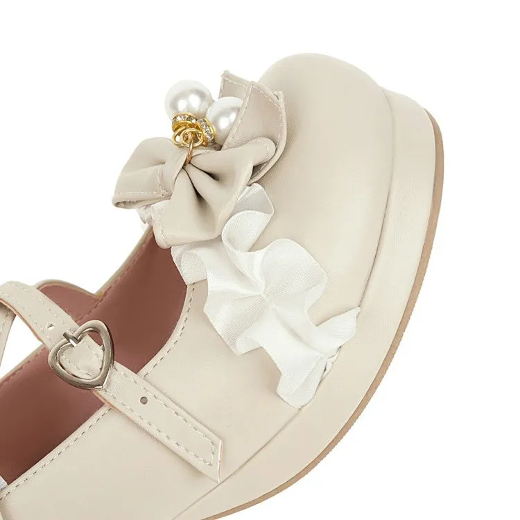 Women's Buckle Pearl Chunky Heel Pumps Mary Janes Shoes with Bowtie