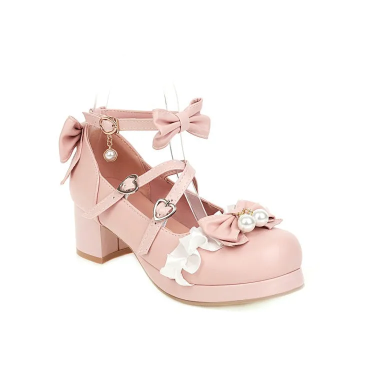 Women's Buckle Pearl Chunky Heel Pumps Mary Janes Shoes with Bowtie