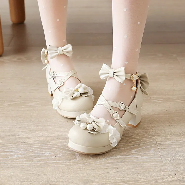 Women's Buckle Pearl Chunky Heel Pumps Mary Janes Shoes with Bowtie