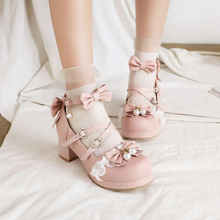Women's Buckle Pearl Chunky Heel Pumps Mary Janes Shoes with Bowtie