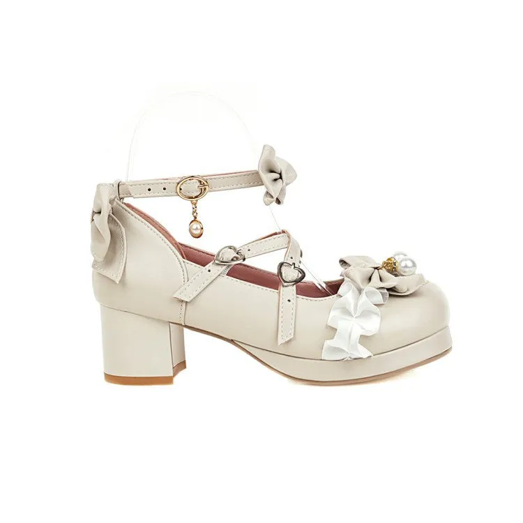 Women's Buckle Pearl Chunky Heel Pumps Mary Janes Shoes with Bowtie
