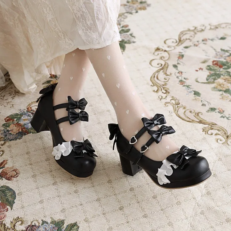 Women's Chunky Heel Pumps Mary Janes Shoes with Bowtie