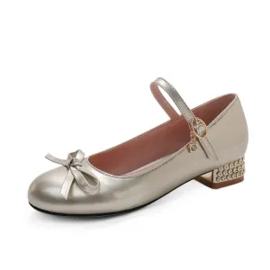 Women's Chunky Heel Pumps Mary Janes Shoes with Bowtie