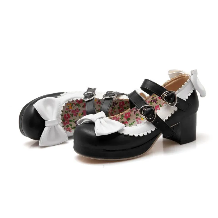 Women's Chunky Heel Pumps Mary Janes Shoes with Bowtie