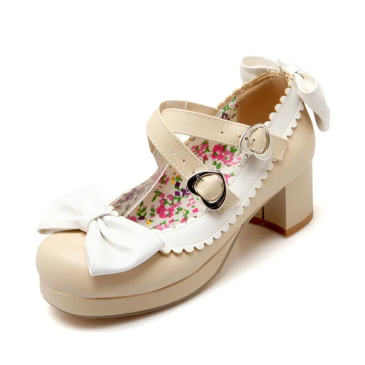Women's Chunky Heel Pumps Mary Janes Shoes with Bowtie