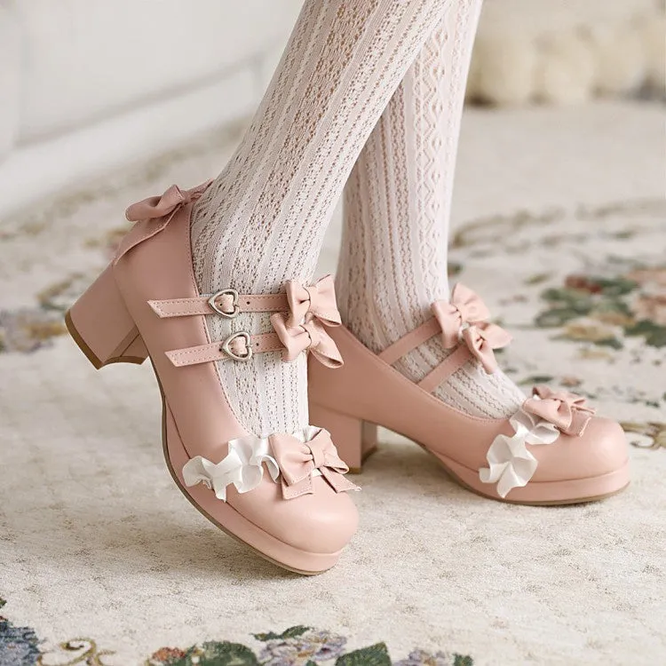 Women's Chunky Heel Pumps Mary Janes Shoes with Bowtie