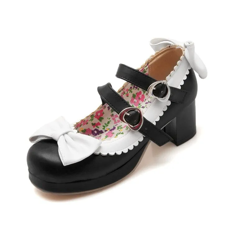 Women's Chunky Heel Pumps Mary Janes Shoes with Bowtie