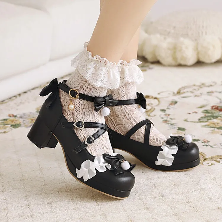 Women's Chunky Heel Pumps Mary Janes Shoes with Bowtie