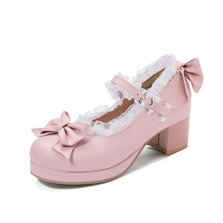 Women's Chunky Heel Pumps Mary Janes Shoes with Bowtie