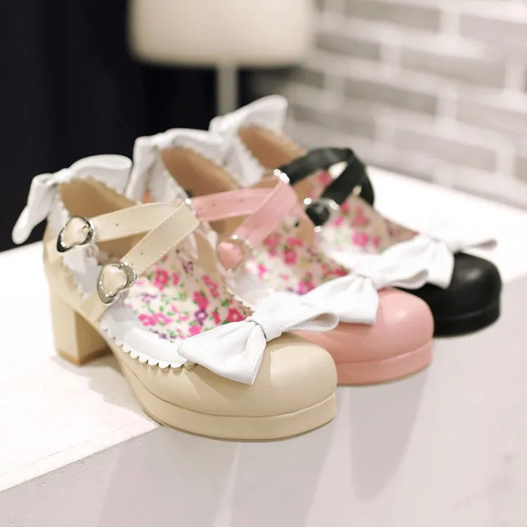 Women's Chunky Heel Pumps Mary Janes Shoes with Bowtie