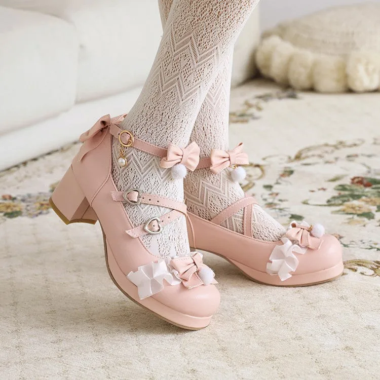 Women's Chunky Heel Pumps Mary Janes Shoes with Bowtie