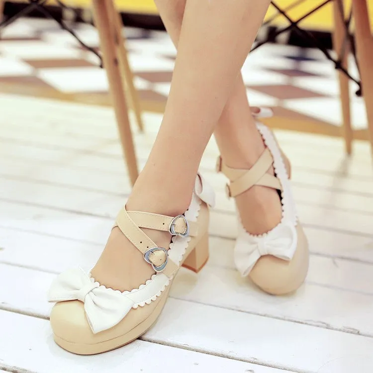 Women's Chunky Heel Pumps Mary Janes Shoes with Bowtie