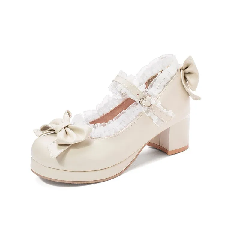 Women's Chunky Heel Pumps Mary Janes Shoes with Bowtie