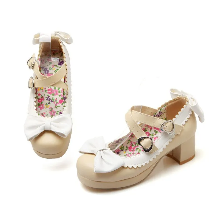 Women's Chunky Heel Pumps Mary Janes Shoes with Bowtie