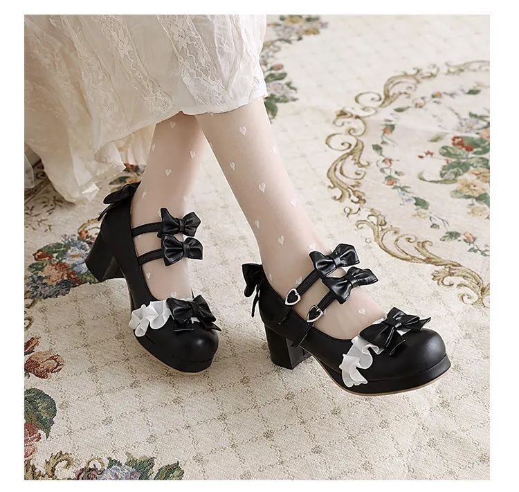 Women's Chunky Heel Pumps Mary Janes Shoes with Bowtie