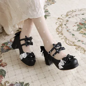 Women's Chunky Heel Pumps Mary Janes Shoes with Bowtie