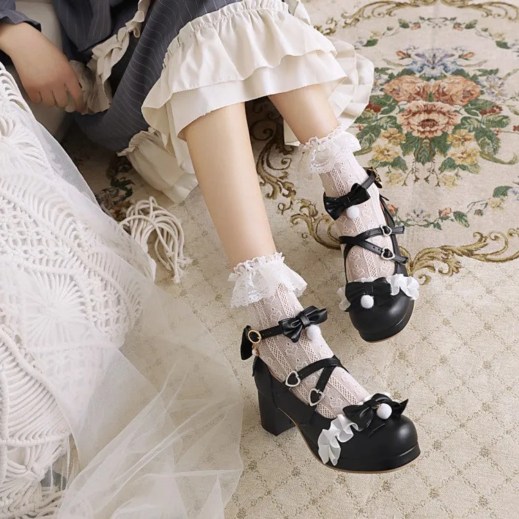 Women's Chunky Heel Pumps Mary Janes Shoes with Bowtie