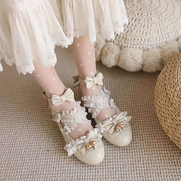 Women's Chunky Heel Pumps Mary Janes Shoes with Bowtie