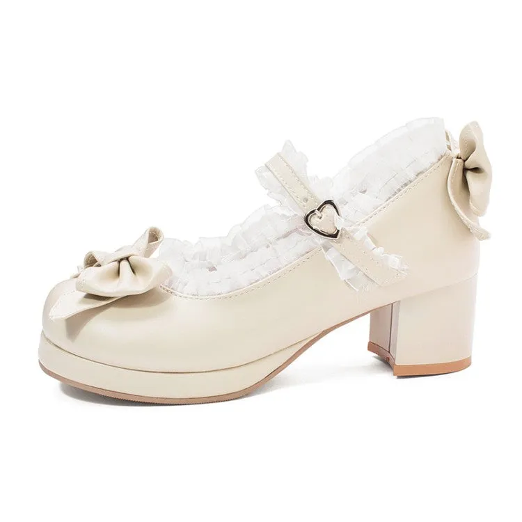 Women's Chunky Heel Pumps Mary Janes Shoes with Bowtie