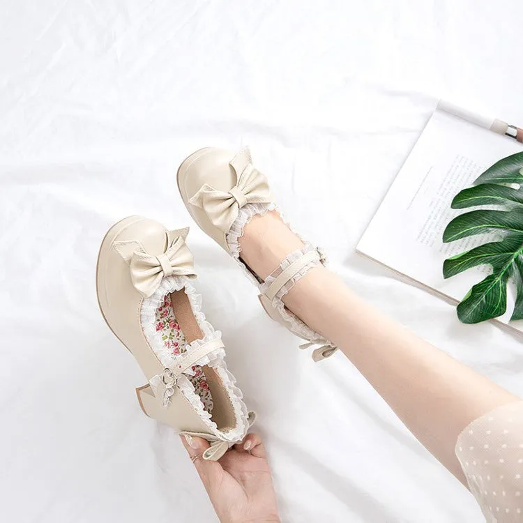 Women's Chunky Heel Pumps Mary Janes Shoes with Bowtie