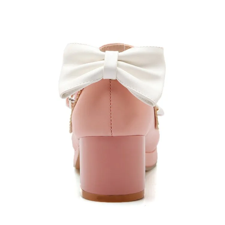 Women's Chunky Heel Pumps Mary Janes Shoes with Bowtie
