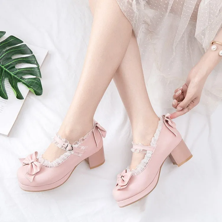 Women's Chunky Heel Pumps Mary Janes Shoes with Bowtie