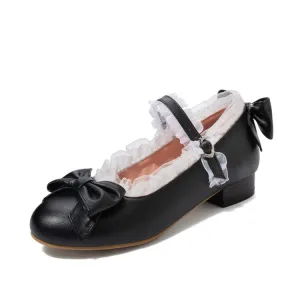 Women's Chunky Low Heel Pumps Mary Janes Shoes with Bowtie