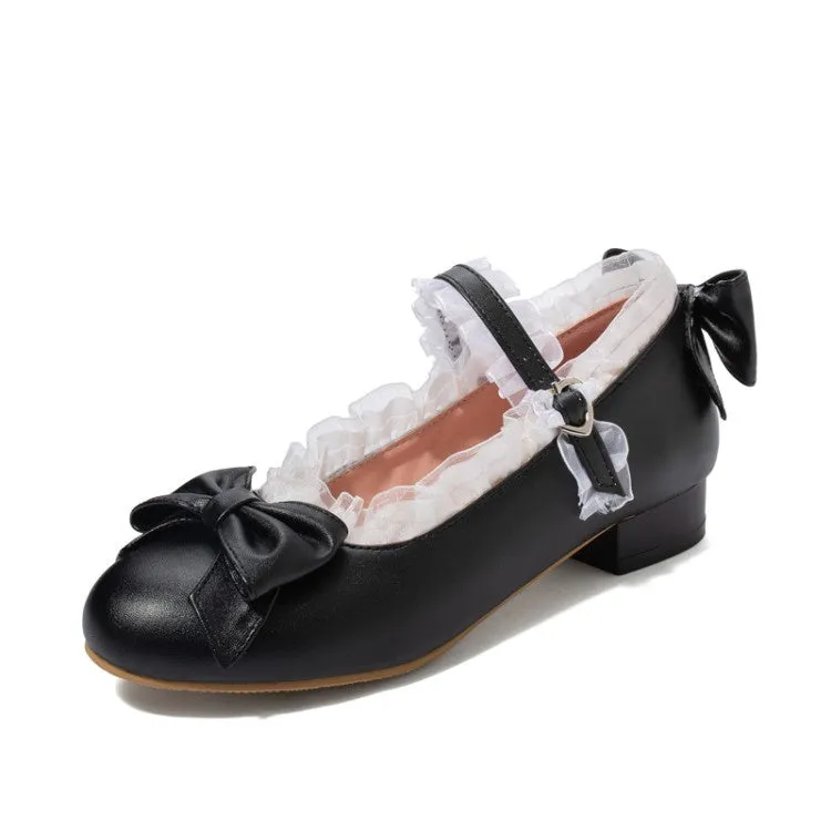 Women's Chunky Low Heel Pumps Mary Janes Shoes with Bowtie