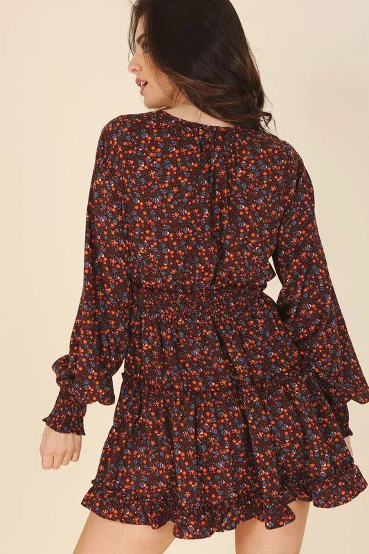 Women's Ditsy Burgundy Floral Mini Dress