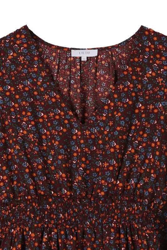 Women's Ditsy Burgundy Floral Mini Dress