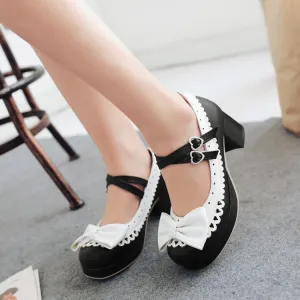 Women's Double Straps Chunky Heel Pumps Mary Janes Shoes with Bowtie