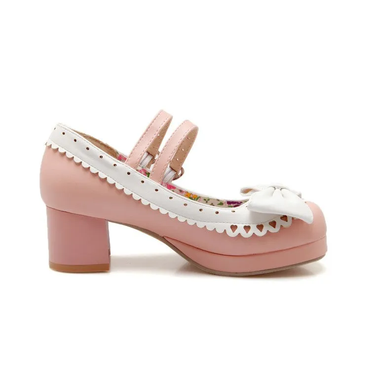 Women's Double Straps Chunky Heel Pumps Mary Janes Shoes with Bowtie