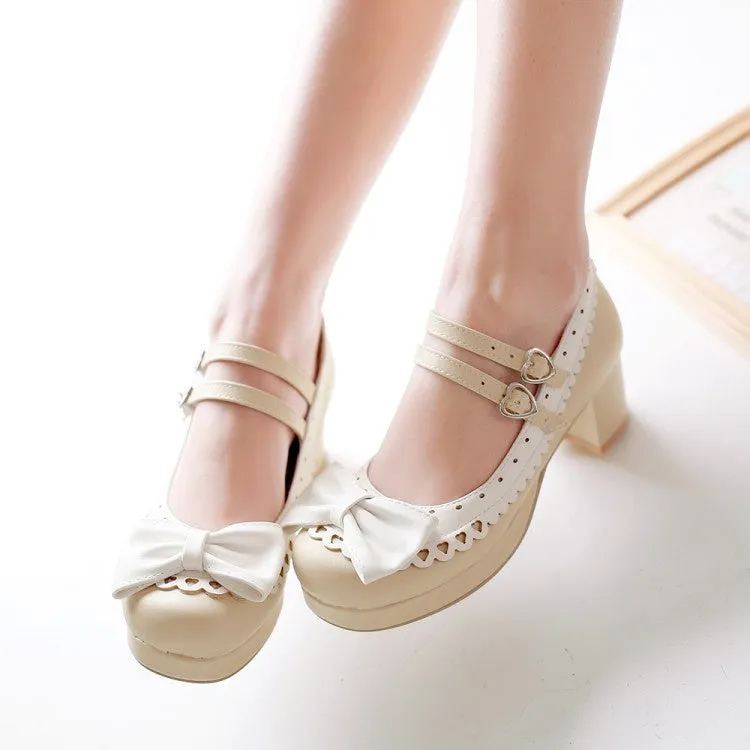 Women's Double Straps Chunky Heel Pumps Mary Janes Shoes with Bowtie