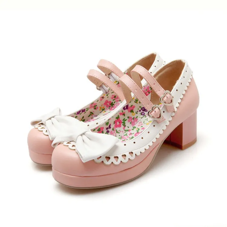 Women's Double Straps Chunky Heel Pumps Mary Janes Shoes with Bowtie