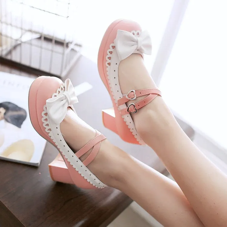 Women's Double Straps Chunky Heel Pumps Mary Janes Shoes with Bowtie