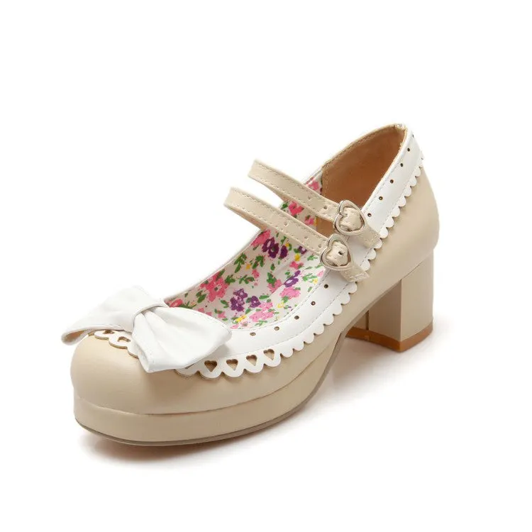 Women's Double Straps Chunky Heel Pumps Mary Janes Shoes with Bowtie