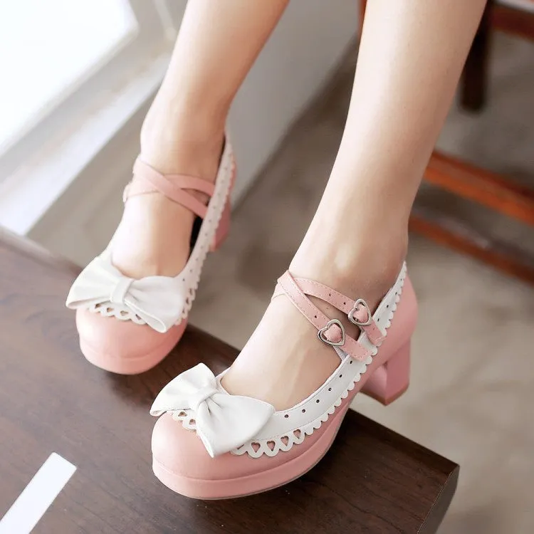 Women's Double Straps Chunky Heel Pumps Mary Janes Shoes with Bowtie