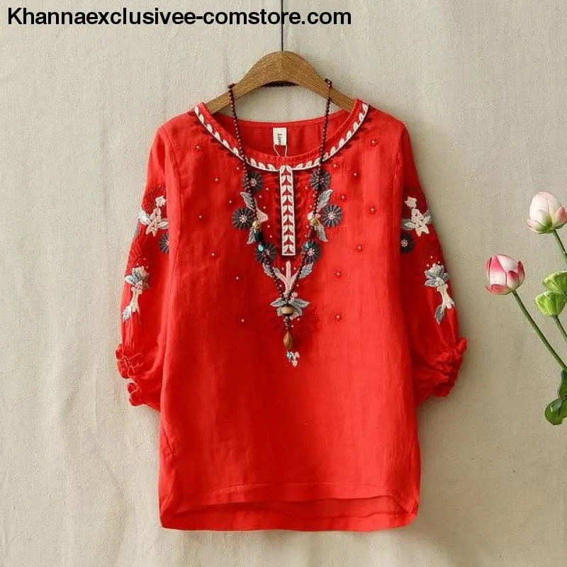 Women's Ethnic Vintage White Floral Embroidered Blouse Loose Half Lantern Sleeve Top Casual Shirt