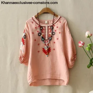 Women's Ethnic Vintage White Floral Embroidered Blouse Loose Half Lantern Sleeve Top Casual Shirt